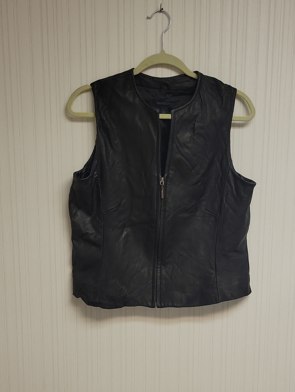 Siena Studio Black Leather Zip-Front Sleeveless Vest Women's Large Bikercore